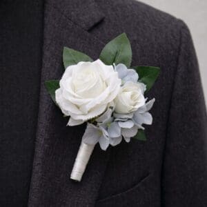 Kinsale artificial groomsmen buttonhole for wedding flower hire in the UK.