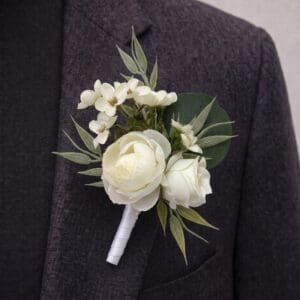 Willow artificial groomsmen buttonhole for wedding flower hire in the UK.